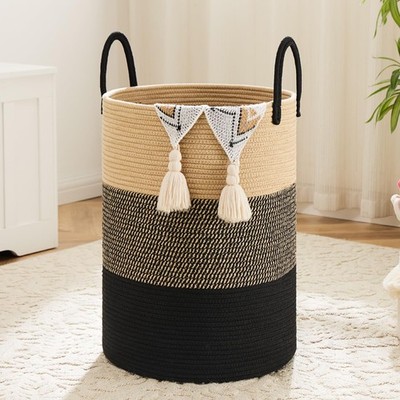 60L Woven Cotton Rope Laundry Hamper Decorative Storage Basket For Clothes