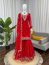 New Latest Faux Georgette Red Top Palazzo With Dupatta For Women Festival Wear