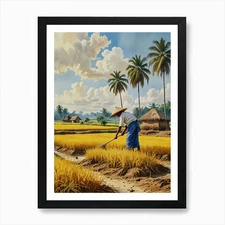 Farmer Plowing A Rice Field Art Pri Framed Wall Art Poster Canvas Print Picture