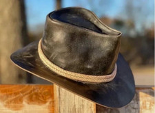 Handmade Arthur Morgan Black Leather Cowboy Hat Western Genuine Cowhide