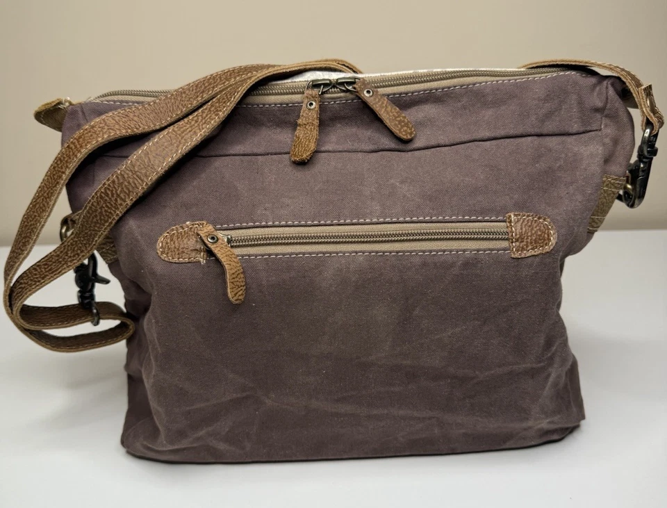Myra Bag Perfect Mania Shoulder Bag Brown Canvas Leather Dual Zip Lined Tote - Image 3 of 4