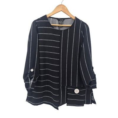 Ali Miles Tunic Womens Small Black White Striped Roll Tab Sleeve Art to Wear Top