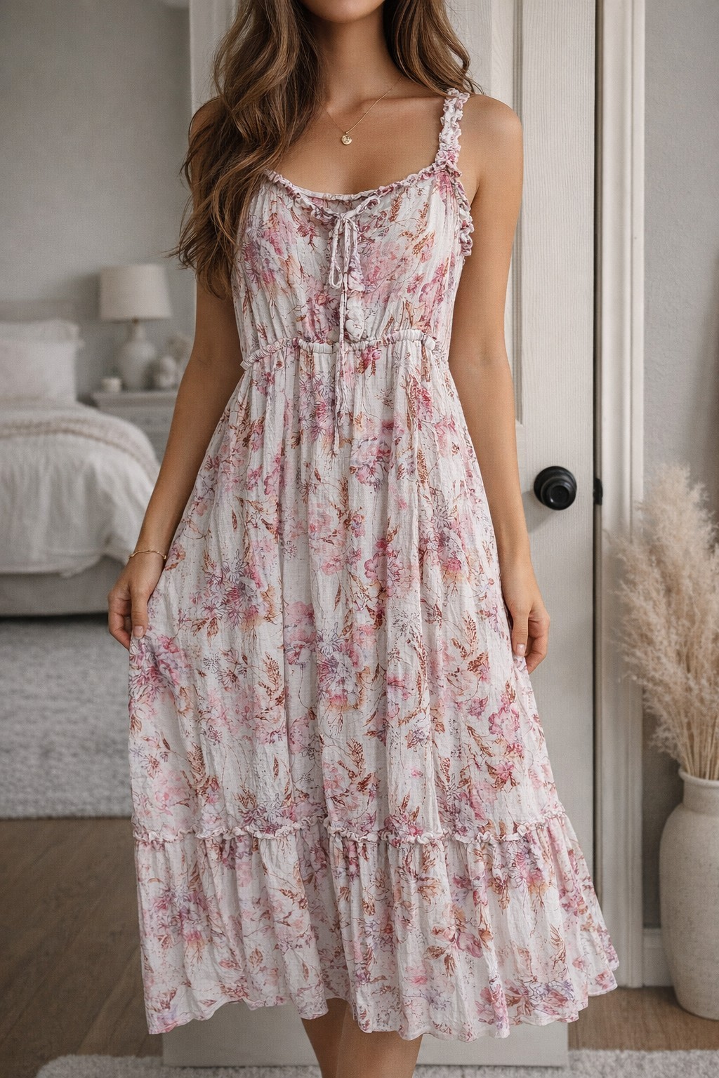 Lovestitch Floral Babydoll Maxi Dress Boho Ruffle Tiered Lace Up S