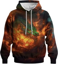 Unisex Green Dragon Hoodie Gothic Pullover Sweatshirt with Flame Fantasy