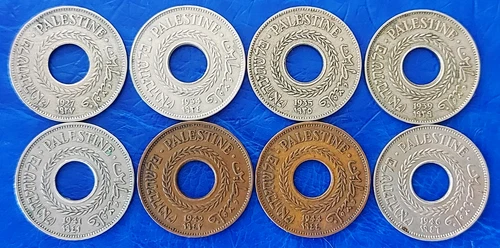 Complete Set of Israel Palestine 5 Mils British Mandate Lot of 8 Coins 1927-1946