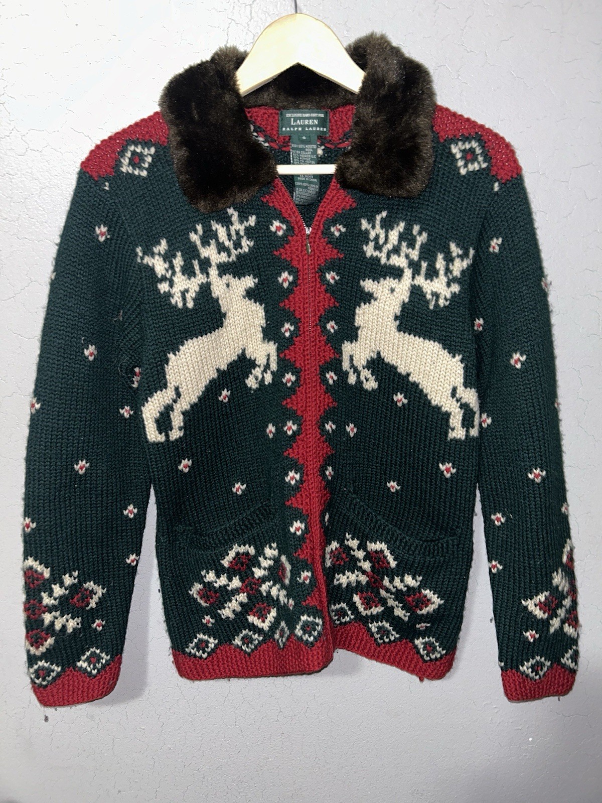 Vtg 90s Ralph Lauren Sweater worsted wool cardigan Hand Knit Green reindeer Sz S