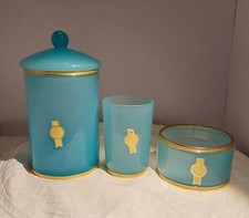 Vanity Set of 3 Antique Blue Opaline Glass VINCENZO NASON Italian Murano Gilded