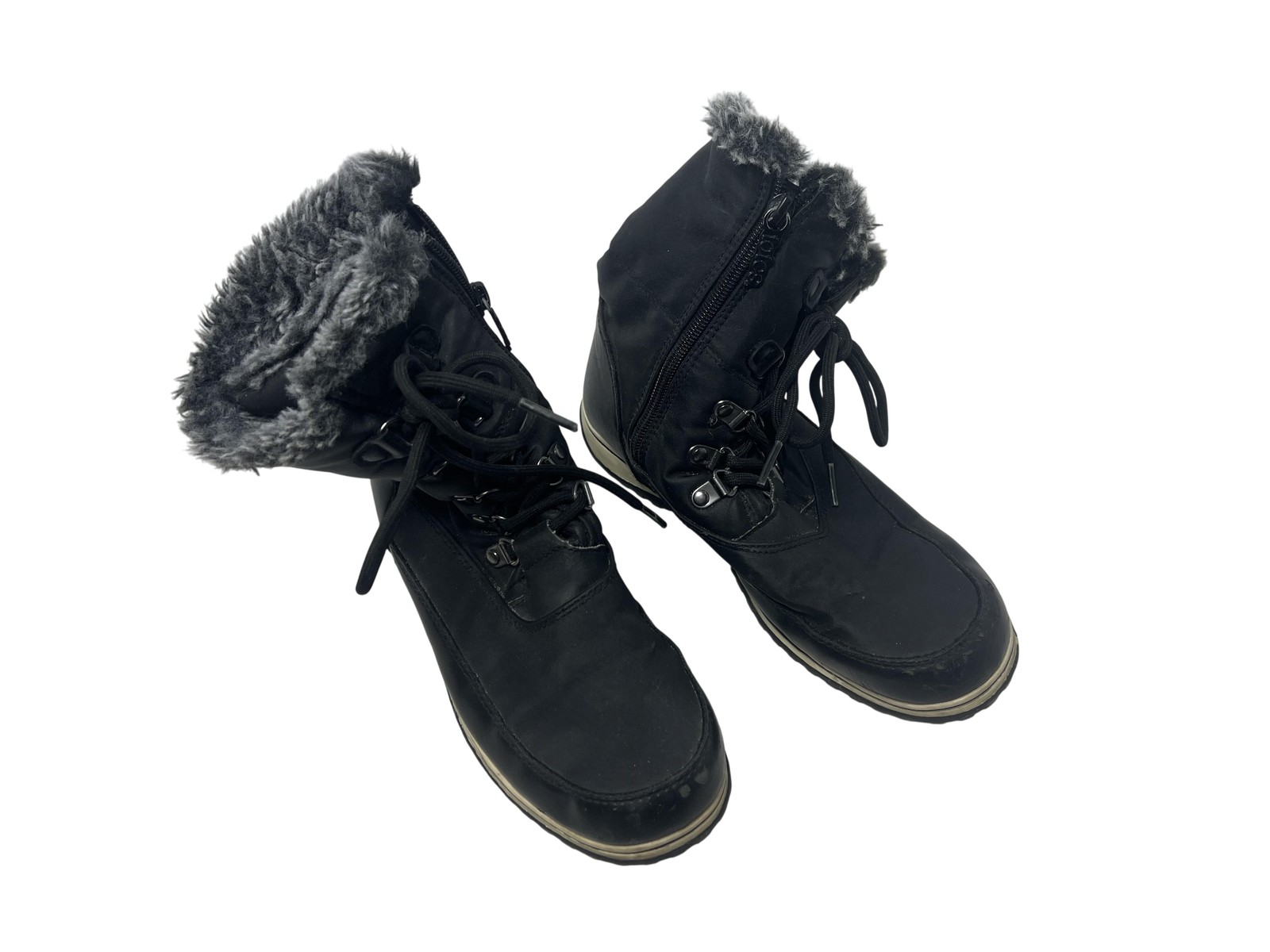 Totes Snow Boots Womens Size 7 Black Faux Fur Lined Mid Calf Zip Lace Winter-image