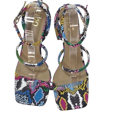 Ego Multicolor Snakeskin Sandals Sz 8 Block Heel Square Toe Rainbow Disco Club