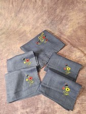 Set Of 4 Blue Linen Napkins Square Tablecloth Hand Embroidered Wildflowers EUC