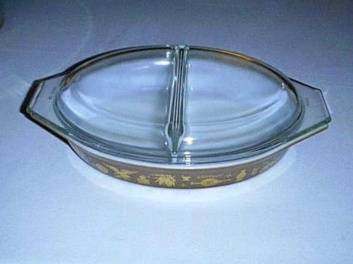 Vtg PYREX Divided Oval 1.5 qt Casserole Dish & Divided Clear Lid EARLY AMERICAN