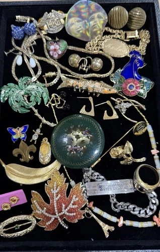 Mixed Estate Vintage Costume Jewelry Lot Enamel Brooches Earrings Statement Gold