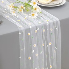 White Embroidery Daisy Table Runner, 10ft Florals Seasonal Wildflower Sheer T...