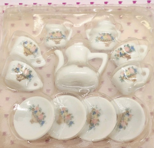 VTG Mini Tea Set Hand Painted Floral Fine Porcelain 13 Piece Dollhouse Dish NIP - Picture 2 of 4