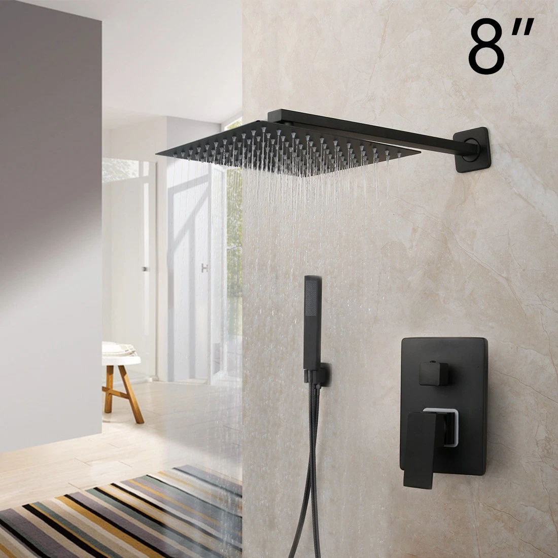 Bathroom Square 8" Shower Head Black Rain Mixer Control Valve&Handheld Spray Set