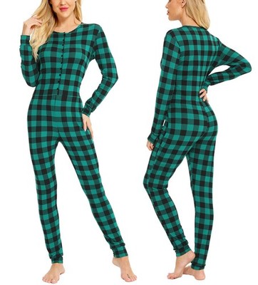 LecGee Womens Pajama jumpsuits One Piece Sleepwear Small, Green Black Plaid 
