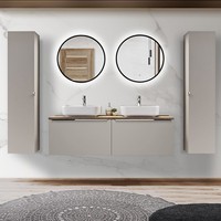 BadmöBel Badezimmer Komplett Set Midischrank Spiegel Waschbecken Eiche Grau