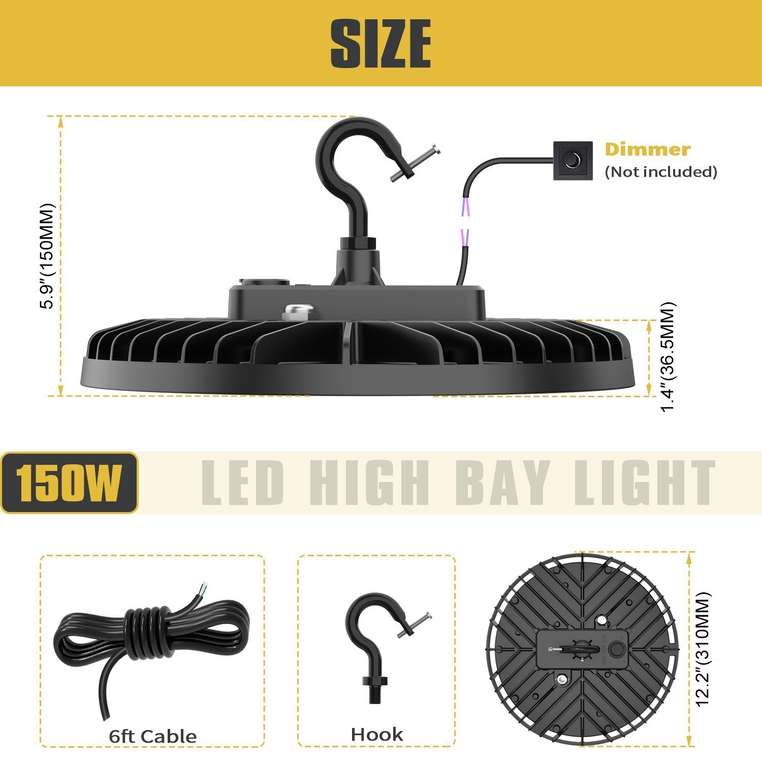 2 Pack 150W Dimmable High Bay LED Shop Light 4500K 5000K 5700K for Warehouse Gym