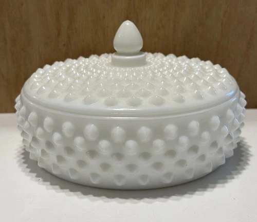 Vintage Fenton Milk Glass Hobnail Pattern Covered Candy Dish Flat Bowl