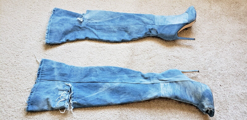 rip torn jean distress hi heel peep toe thigh hi boot 8.5 zip close side tye dye