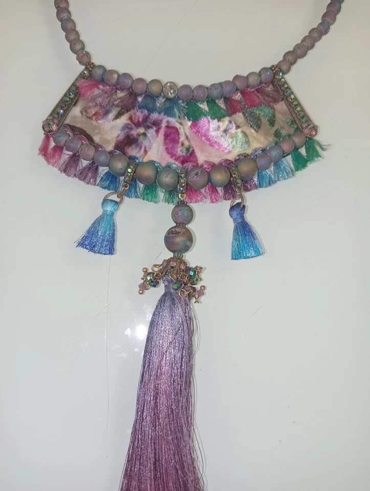 Gargantilha Michal Negrin colar roxo turquesa frisado cristais borlas ISRAEL - Imagem 2 de 4