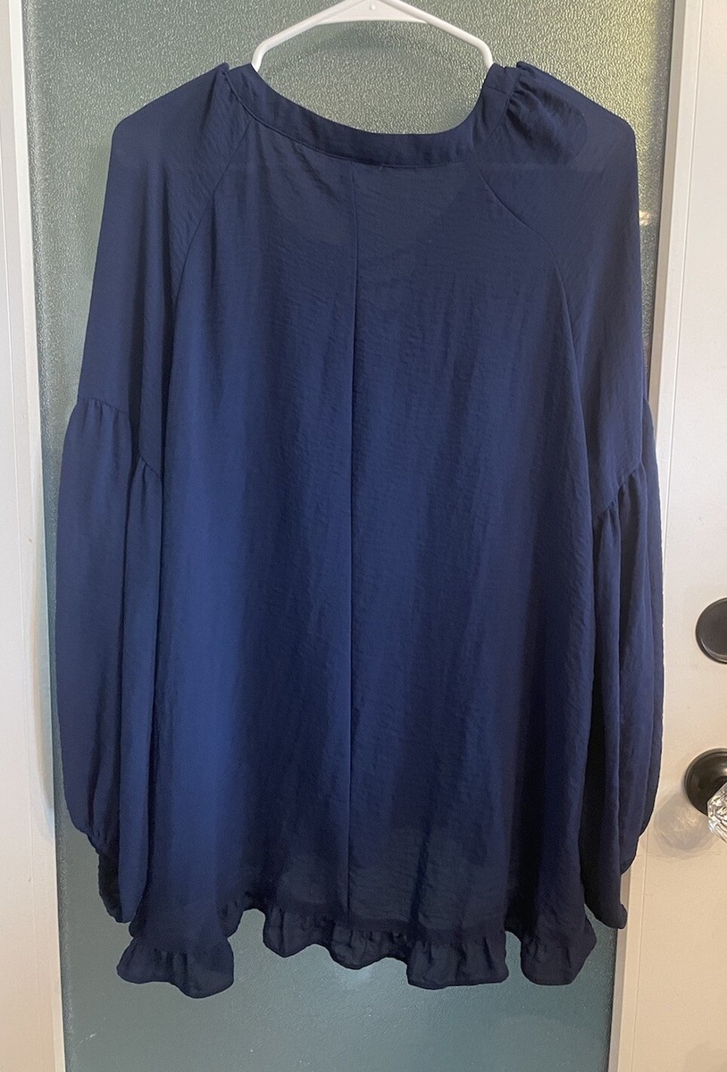 Ana Navy Blue Sheer Balloon Sleeve Tunic Top Sz M | eBay