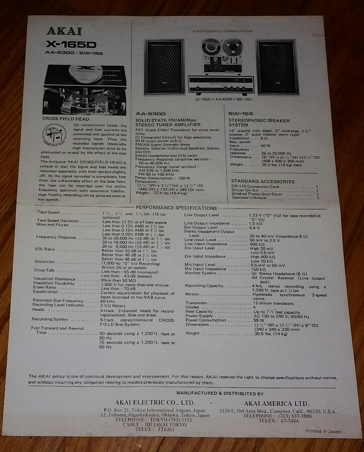 あページ X-1650 AKAI REEL TO REEL MACHINE RECORDER PLAYER sales flyer