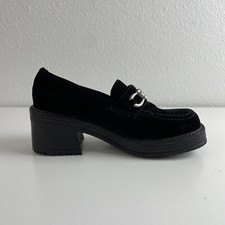 90s Y2K Vintage Loafer Shoes 8 Black Velvet Buckle Chunky Platform Grunge Goth