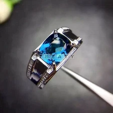 Blue Topaz Cushion Cut Gemstone With 925 Sterling Silver Ring For Men's #B788 *