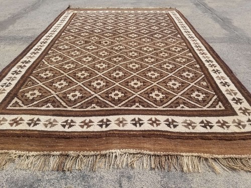 Distressed Authentic Hand Knotted Vintage Afghan Turkmen Wool Area Rug 6.7x4.4ft
