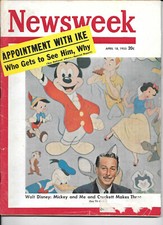 APRIL 18, 1955 NEWSWEEK MAGAZINE WALT DISNEY: ME & MICKEY & CROCKETT MAKES THREE