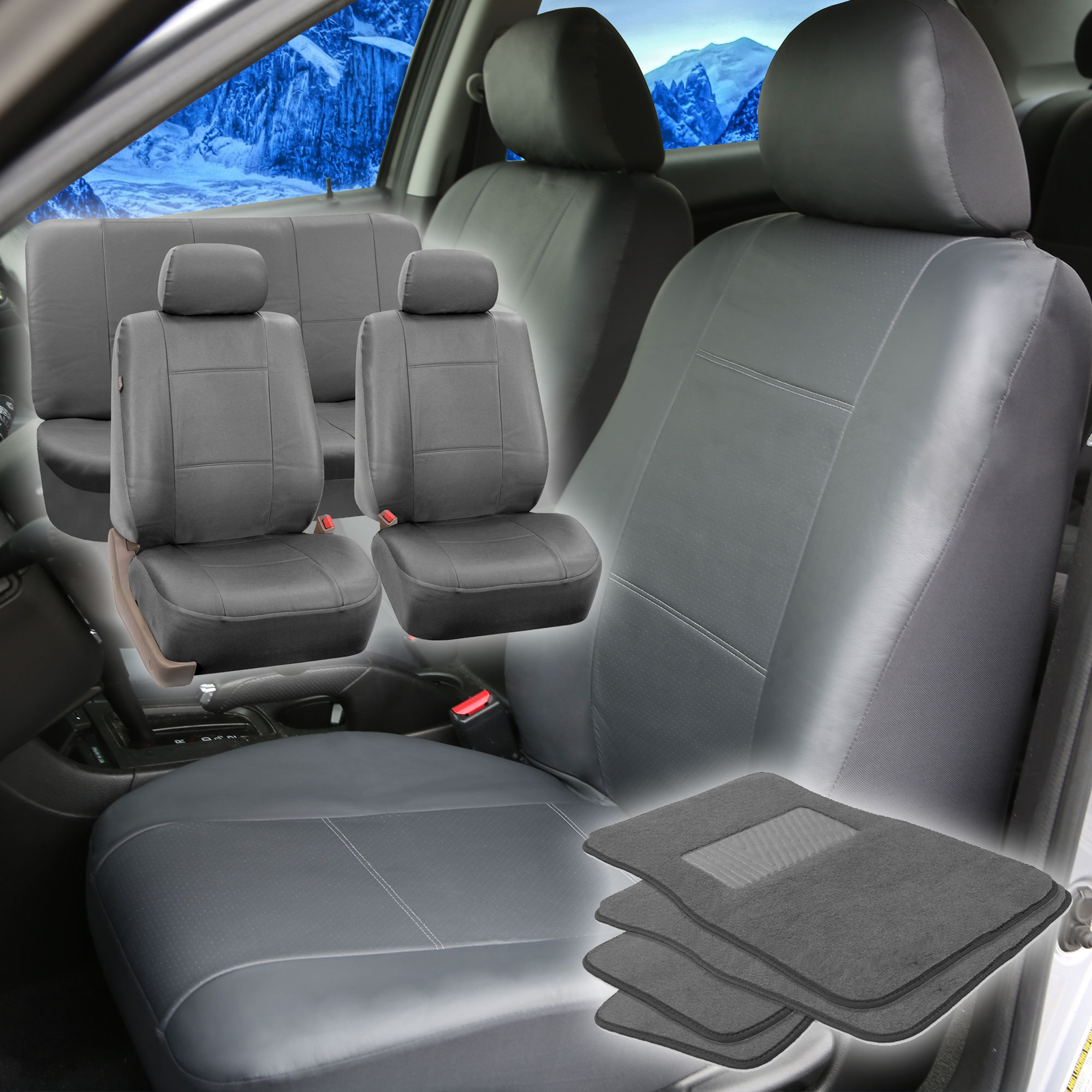 Faux Leather Gray Car Seat Cover Full Set w/Gray Heavy Duty Floor Mat