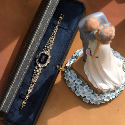 Bracelet Golden Art Deco Rhinestone Rectangle Blue Marriage Vintage 1920s QD29 - Picture 6 of 11