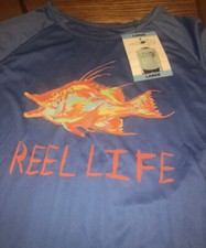 New Reel Life Fish RASH GUARD Swim SHIRT Sun Protection UPF 50 Sz Large Blue L