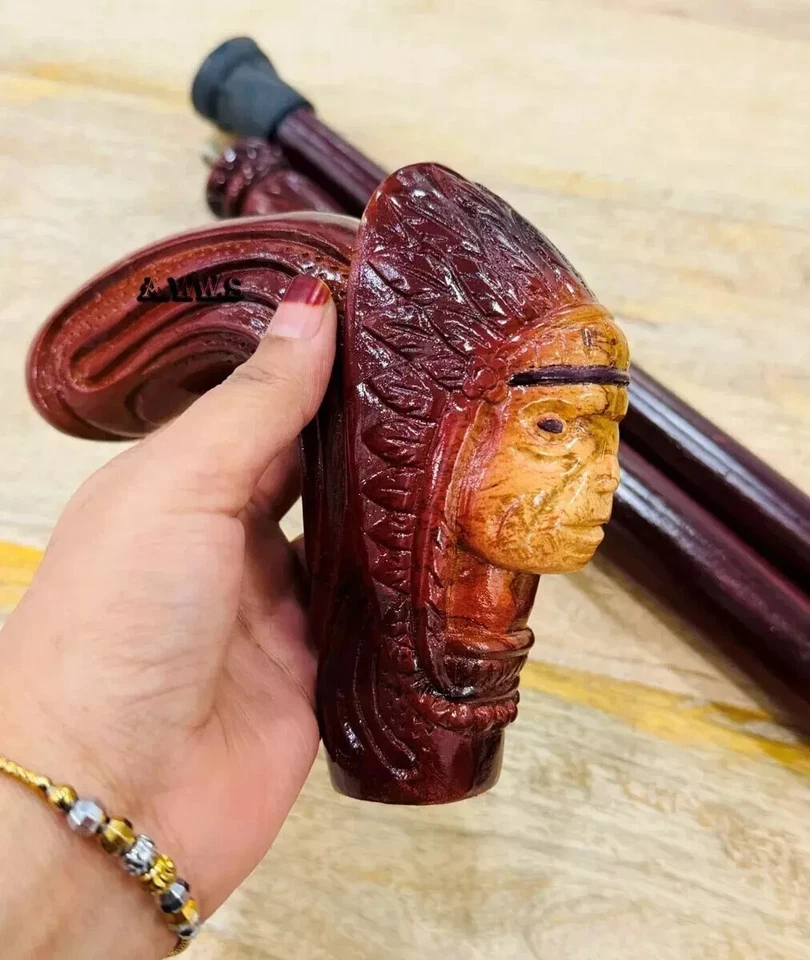 Bastón de madera para caminar jefe indio palo tallado a mano madera hecho a mano para hombres mujeres Foto 2 de 4