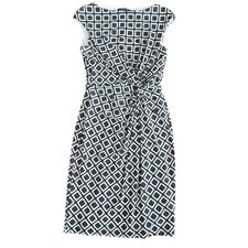 Lauren Ralph Lauren Sheath Dress 6 Navy White Geometric Ruched Cap Sleeve Classy