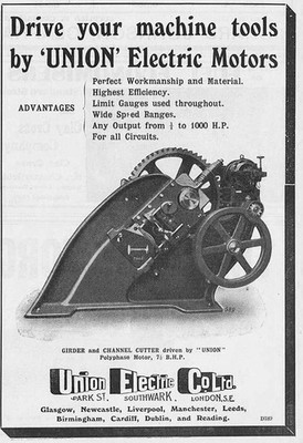 UNION ELECTRIC CO LTD Elektromotor Mfrs - Antike Technik Werbung 1909