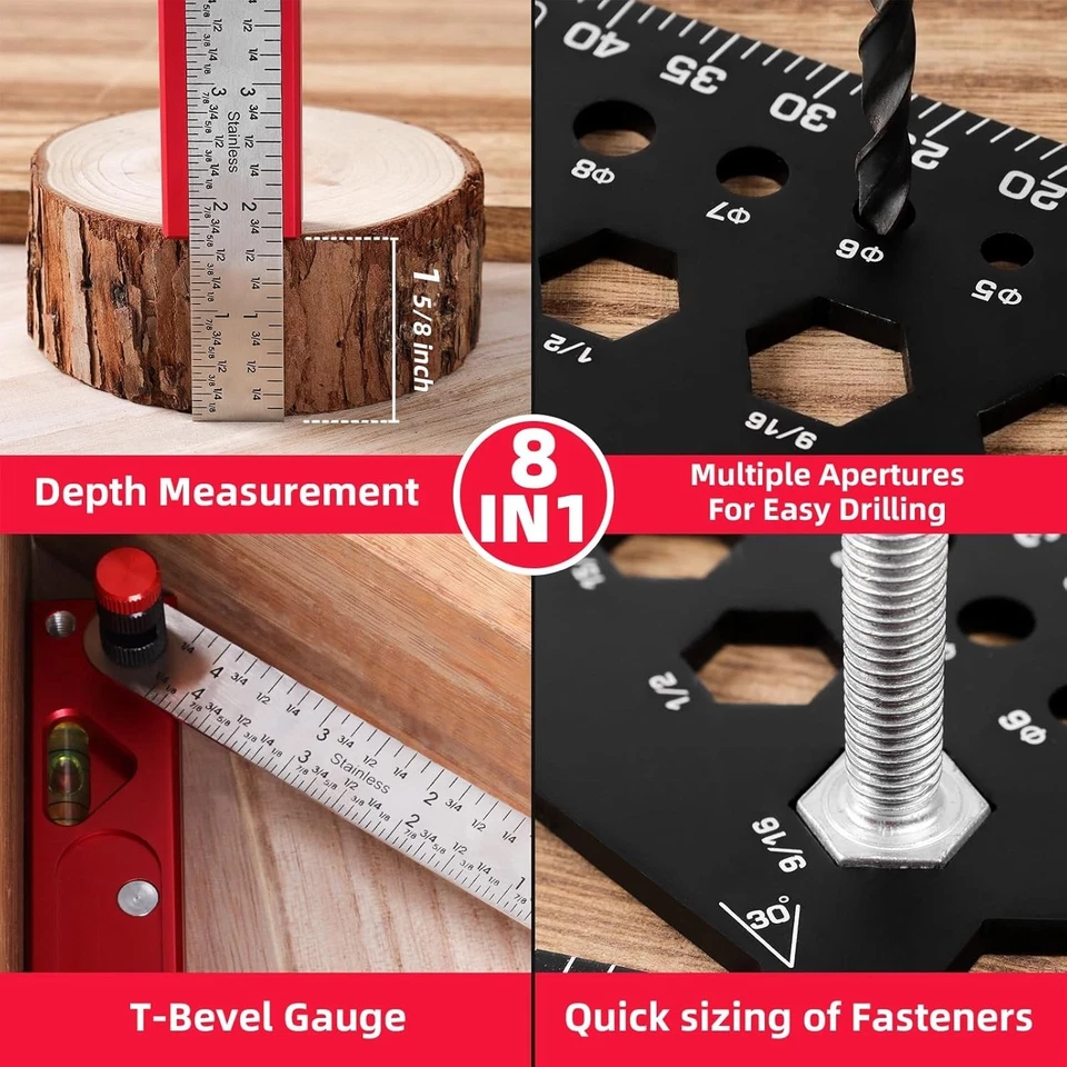Cuadrado de viga 8 en 1 con lápiz de carpintero, cuadrado de carpintero multiusos de 7 pulgadas T Foto 4 de 4