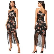 NWT Lulus Let's Be Fringe Floral Satin One-Shoulder Midi Dress Black Women's XS