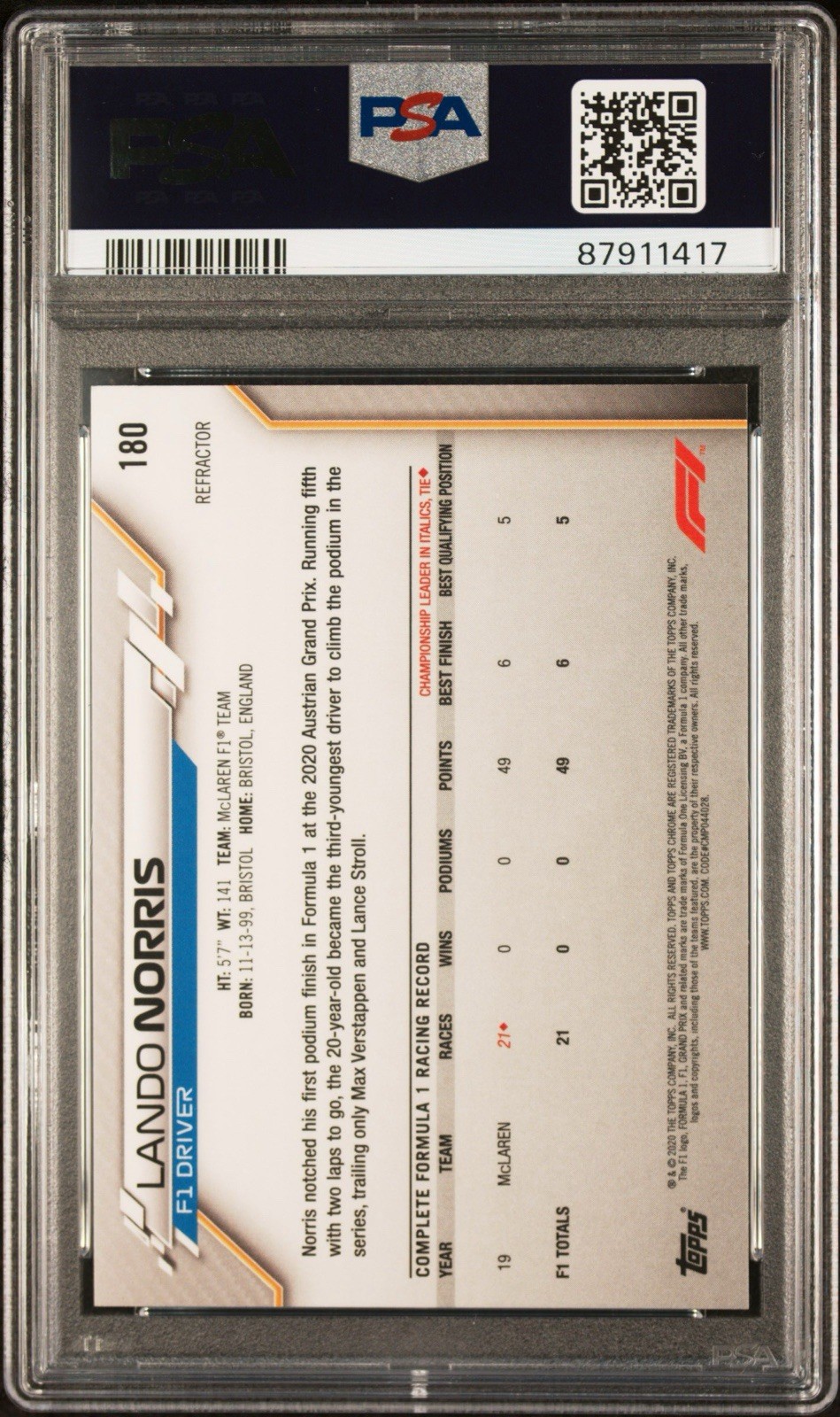 Lando Norris 2020 Topps Chrome F1 Refractor #180 PSA 10 Rookie McLaren F1 RC view 3