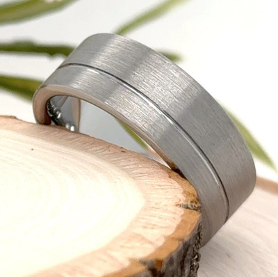 Matte Silver 8mm Tungsten Ring   Groove Detail Polished Edge Holiday Gift Band