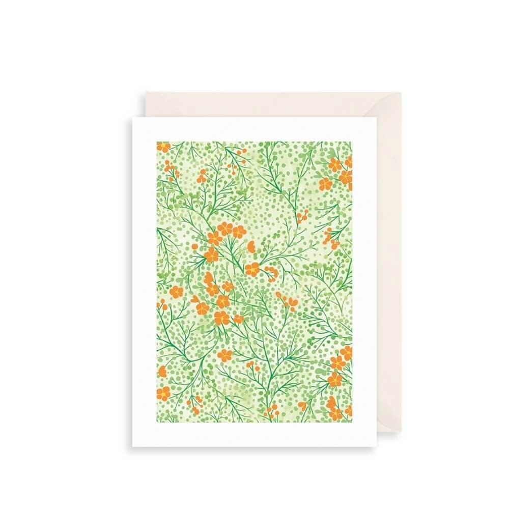 Pretty Birthday Card Green and Orange Flowers - Illustrated Greeting Card