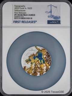 2025 Cook Islands 5oz Silver $25 Topography Yellowstone NGC PF70 First Release