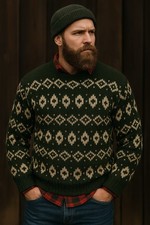 1970s Vtg Hand Knit Fair Isle Wool Sweater Green Cream Geometric Nordic Lrg