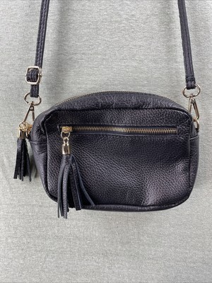 Borse in Pelle Genuine Leather Small Black Cross over bag Tassels Adjustable