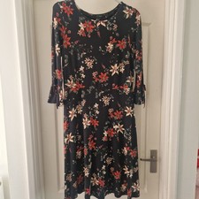 Midi Dress Size 14 Black Jersey Stretch Floral Clematis
