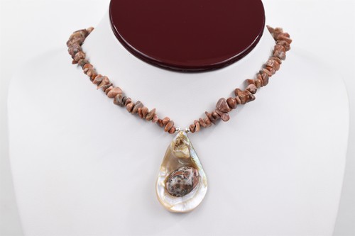 Sterling Jasper Chip Necklace w/ Mother of Pearl Leopard Jasper Drop 21 in - Picture 2 of 13