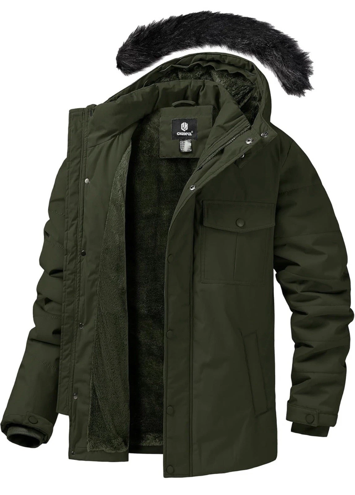 CHEXPEL 3 XL Army Green Mens Winter Coat Puffy Parka Jacket with Fur Hood New !!