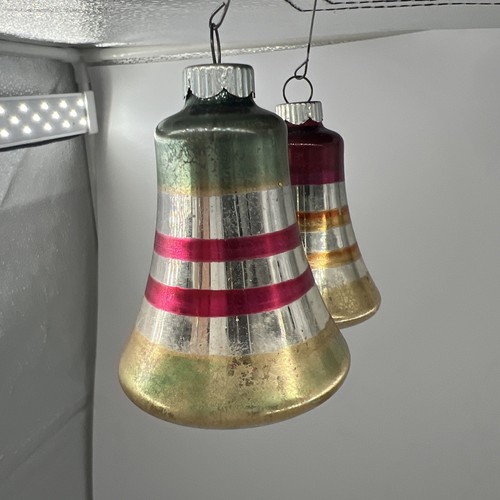 2 Vintage Shiny Brite Bell Glass Christmas Ornaments Striped Mica Glitter - Picture 3 of 10