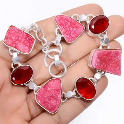 Lab-Created Pink Druzy Garnet Gemstone 925 Silver Handmade Bracelet 7-8'' ARB1048